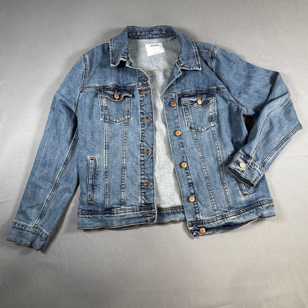 Old Navy Denim Trucker Jacket Large Medium Wash Stretch Americana Western 90s